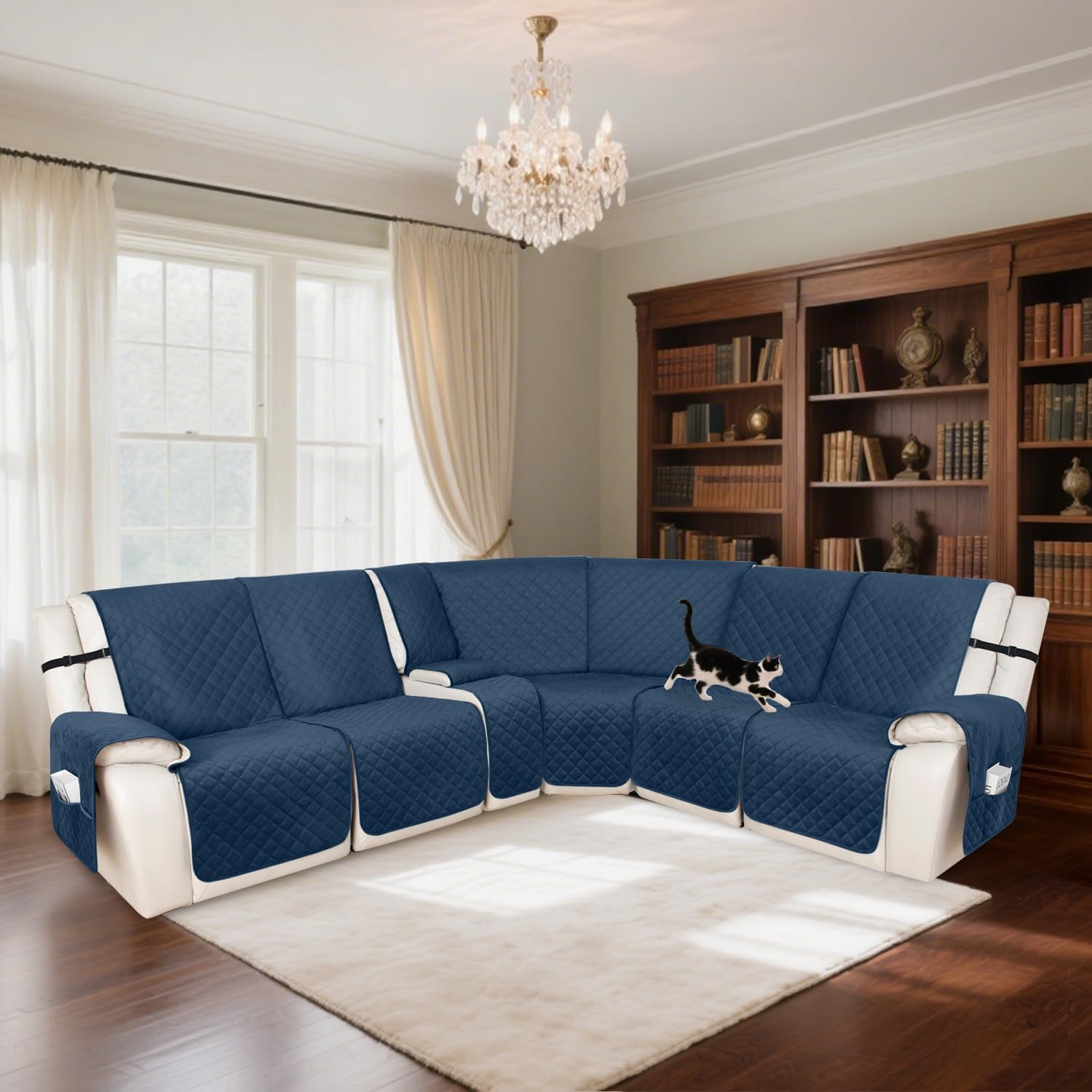 HDCAXKJ 100% Waterproof Velvet Recliner Sectional Couch Covers L Shaped Corner Reclining Sofa Cover Washable Thick Non Slip Sectional Slipcover with Pockets (5 Seat and 1 Middle Console, Dark Blue)
