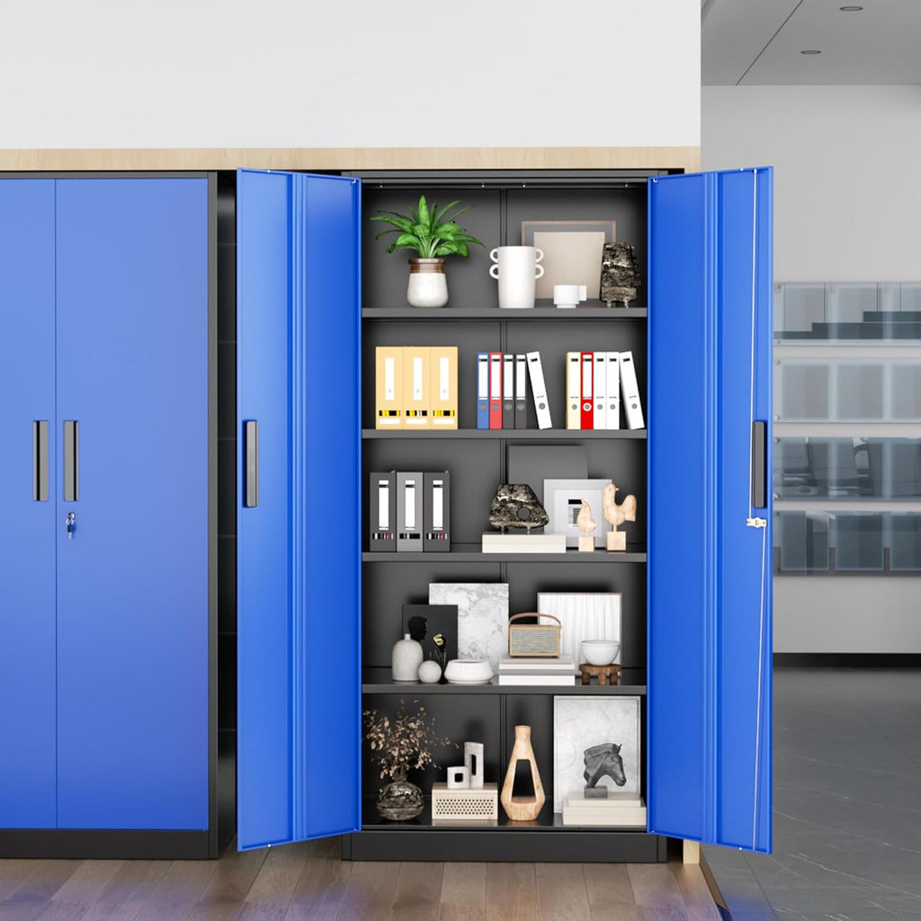 Greenvelly Metal Storage Cabinet, Steel Garage Cabinet with Doors and Adjustable Shelves, Metal Cabinet with Lock,Tall Metal Office Storage Cabinet for Garage,Home Office,School (Black Blue)