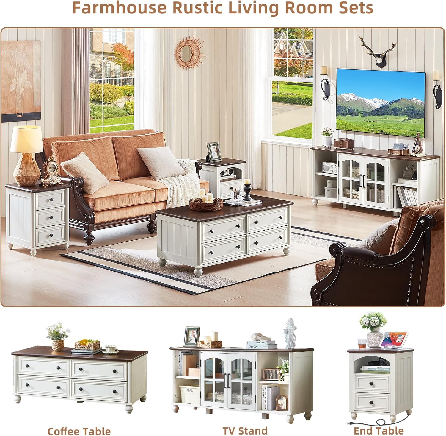 Farmhouse TV Stand for 60 Inch TV, Wood Entertainment Center with Glass Door Storage Cabinet & Adjustable Shelves,Television Stands for 65" TVS, TV Console Table for Living Room,Bedroom,White