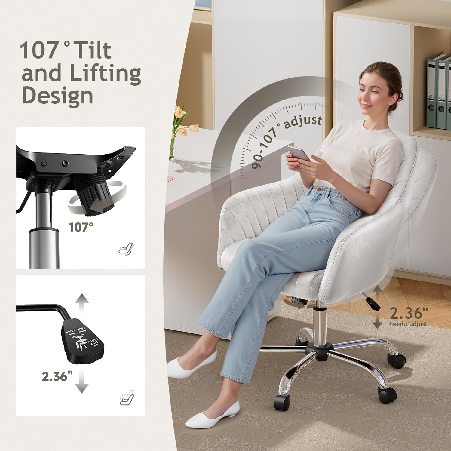 Warmiehomy Office Chair, Velvet Desk Chair for Home Office, Cozy Vanity Chair, Girl Cute Makeup Chair with Arm Rest for Bedroom Dressing Room (Cloud White)