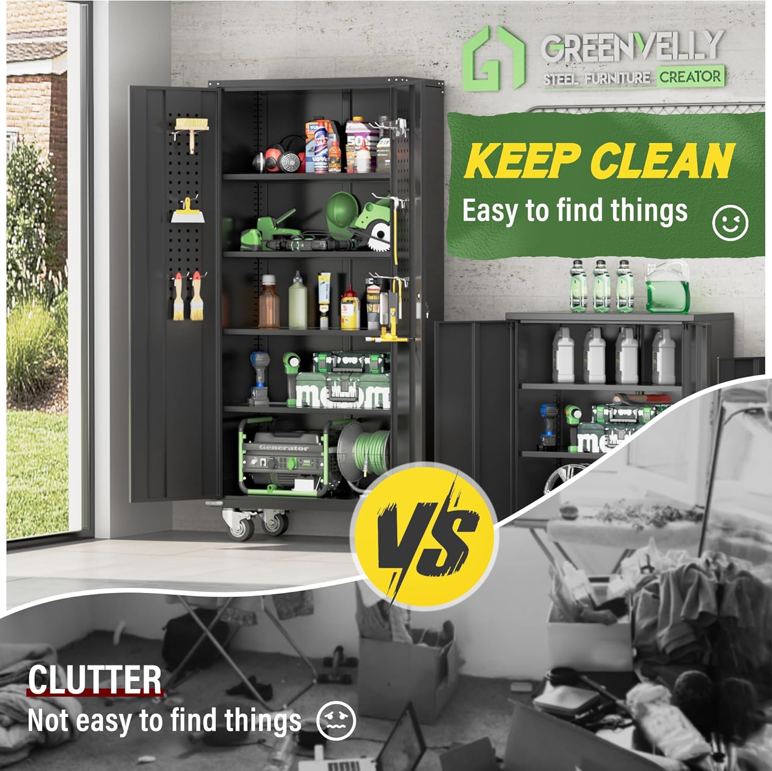 Greenvelly Metal Storage Cabinet with Wheels,72" Black Garage Storage Cabinet with Pegboards and Wheels, Rolling Tool Cabinet with Locking Doors and Shelves for Home,Basement, Kitchen