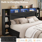 AMERLIFE 45'' Farmhouse King Bed Frame with 4 Drawers, LED Bed Frame with Bookcase Headboard & Side Shelves, Wood Platform Bed with Charging Station, Black