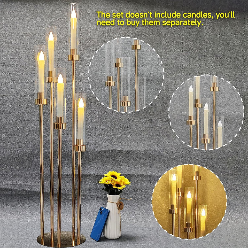 10 Set 5 Arm Golden Candle Holder with Acrylic Lampshade, 41.3'' Tall Candlesticks Holder for Christmas Wedding Housewarming Gift,Metal Candle Holders Candlestick Centerpiece,Fit 0.87'' LED Candle