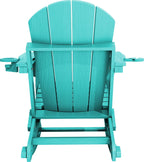 KINGYES Adirondack Rocking Chair with Retractable Ottoman and Cup Holders, HDPE Adirondack Rocker Patio Rocking Chair for Porch, Patio, Balcony, Aqua Blue