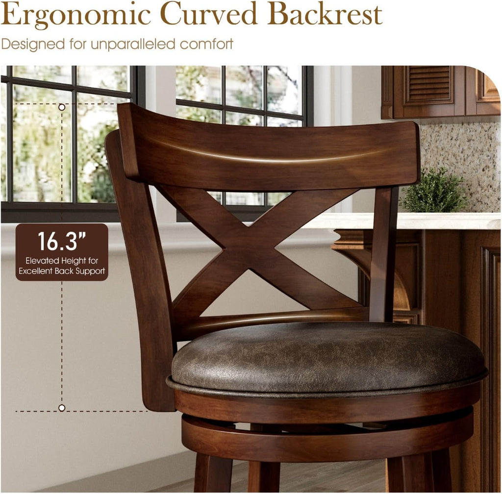 Sophia & William Swivel Bar Stools Set of 4, 30 Inch Bar Height Barstools with Cross Back & Walnut Wood Legs,Faux Leather Kitchen Stools, Brown