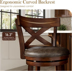 Sophia & William Swivel Bar Stools Set of 4, 30 Inch Bar Height Barstools with Cross Back & Walnut Wood Legs,Faux Leather Kitchen Stools, Brown