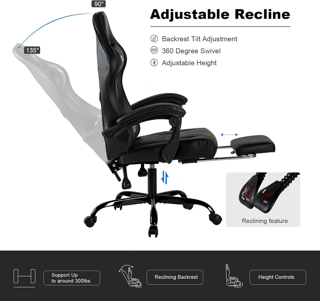Gaming Chair for Adults, Computer Chair with Footrest and Pocket Spring Cushion,Comfortable Ergonomic Video Game Chair with Lumbar Support and Headrest for Office Home (Black)