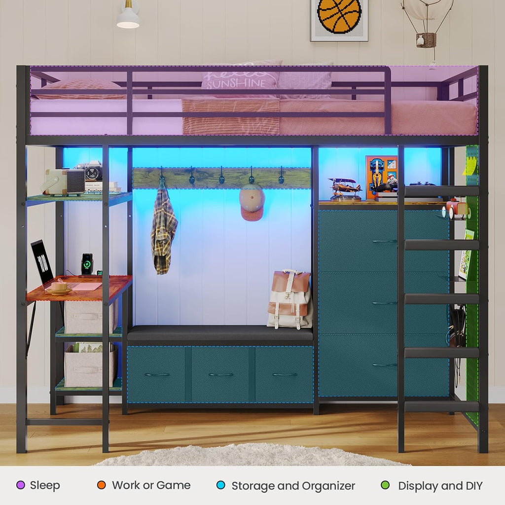DICTAC Loft Bed Twin Size with 6 Storage Drawers,Coat Rack and Open Shelves Metal Twin Loft Bed with Desk,Charging Station and LED Light,loft beds with Large Pegboard,Stairs and Safety Guardrail,Black