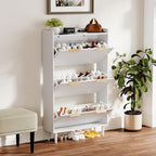 VINGLI White Fluted Shoe Storage Cabinet for Entryway with 3 Flip Drawers, Narrow Shoe Organizer with Fluted Panel, Modern Freestanding Wood Shoe Cabinet for Foyer, Hallway (White, 3 Flip Drawers)