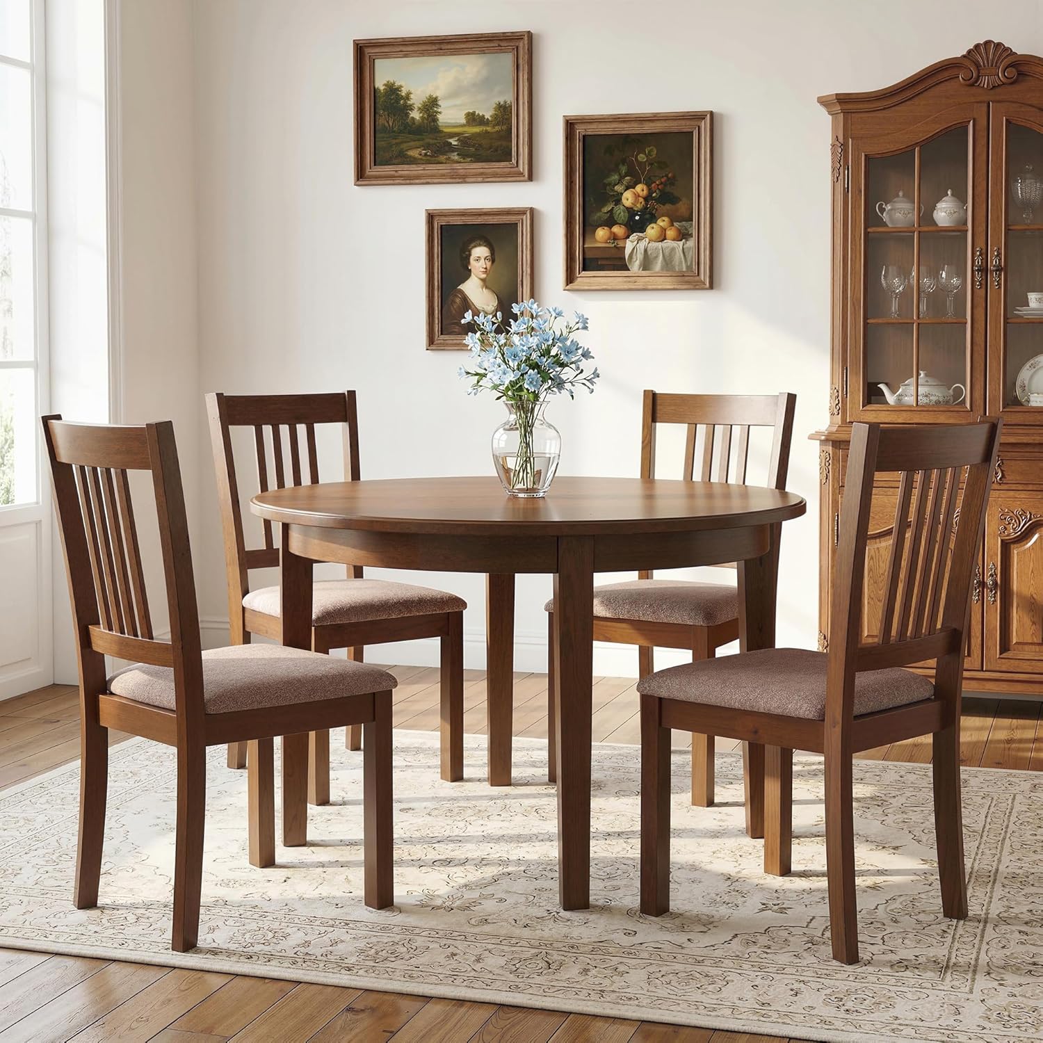 HOMCOM Dining Chairs Set of 2, Solid Wood Kitchen Chairs, Mid Century Modern Linen Fabric Upholstered for Dining Room, Living Room, Walnut Frame and Taupe Upholstery