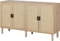 Finnhomy 4 Door Sideboard Buffet Cabinet, Kitchen Storage Cabinet with Rattan Decorated Doors, Cupboard Console Table, Boho Accent Liquor Cabinet for Home Bar, 62.3X 15.7X 34.6 Inches, Natural