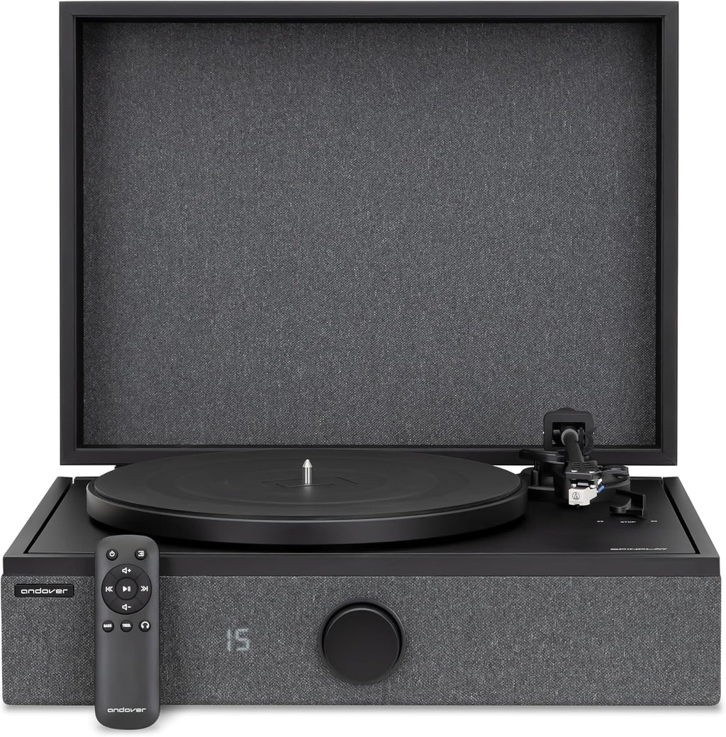 Andover Audio SpinPlay Premium All-in-One Record Player for Vinyl Record Playback - Semi-Automatic  Auto Power-On and Auto-Stop  Integrated Sound System with 270° Speaker Array - Black