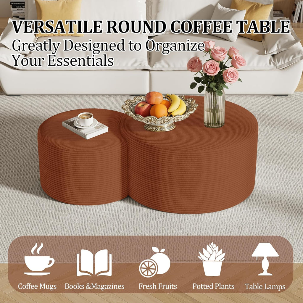 Round Nesting Coffee Table Set of 2,Upholstered Foam Ottoman Footrest Side Table Set,Modern Flannel Circle Coffee Table No Assembly for Living Room Entryway Bedroom,Orange
