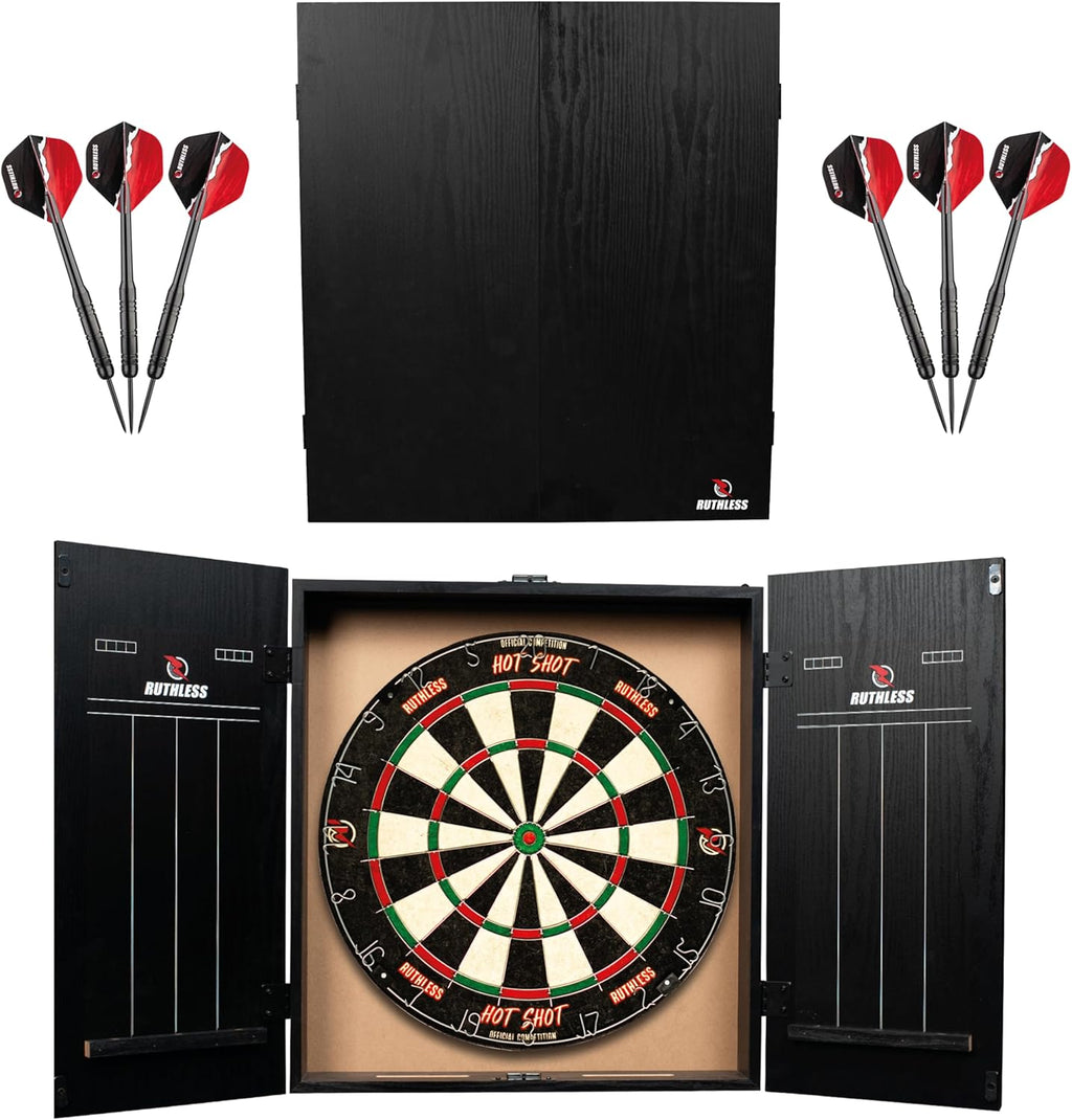 Ruthless Home Darts Centre with or Without LED Light Options | Home Dart Board Centre Including Cabinet, Dartboard and 2 Sets of Darts.