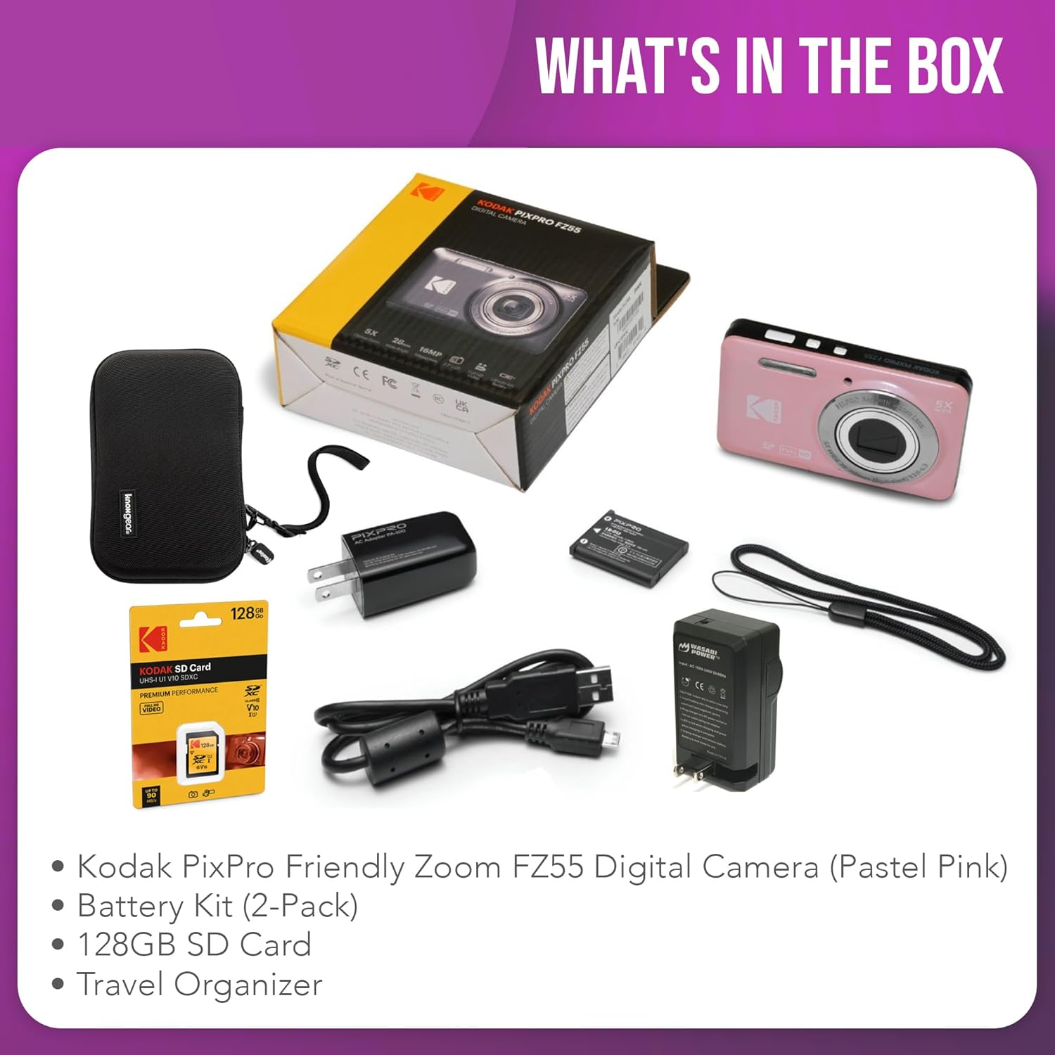 Kodak PixPro Friendly Zoom FZ55 16MP 1080p Full HD Digital Camera (Pastel Pink) Bundle with 128GB SD Card  Battery (2-Pack) and Travel Organizer (4 Items)