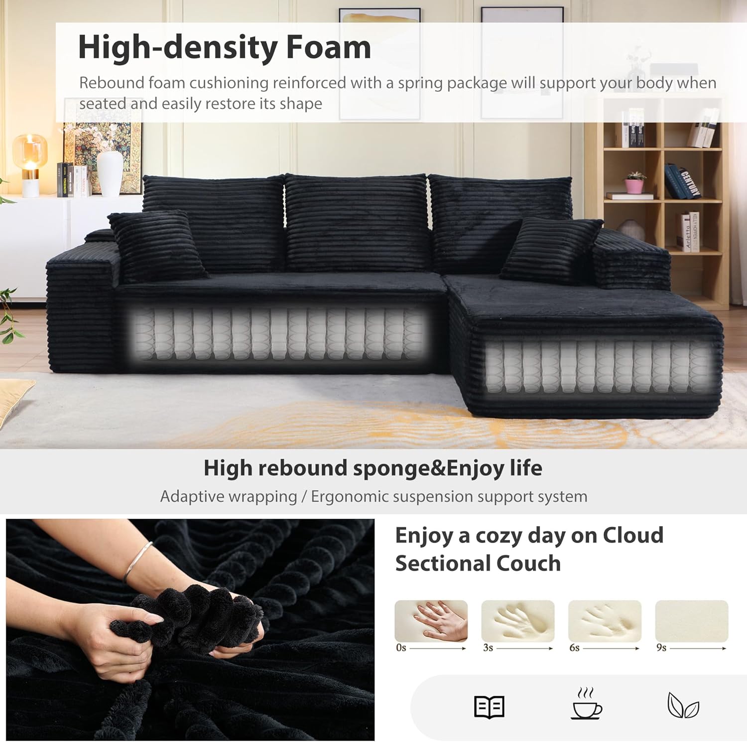 95" Cloud Sectional Couch with L-Shape Chaise, Modern Cloud Couch with Deep Seat, Modular Sectional Couches for Living Room, Apartment, Office, No Assembly Required
