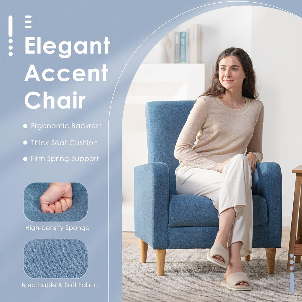 COLAMY Mid-Century Modern Upholstered Accent Chair with Back Pillow & Solid Wood Legs, Fabric Cozy Armchair for Living Room, Bedroom, Reading Nook, Apartment & Small Spaces, Blue