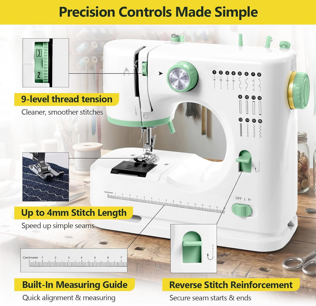 Mini Sewing Machine, 16 Stitches Dual Speed Portable Sewing Machine, Double Needle & Thread with Foot Pedal, LED Light and Sewing Kit, Easy to Use for Beginners, DIY Craft & Clothing Repair
