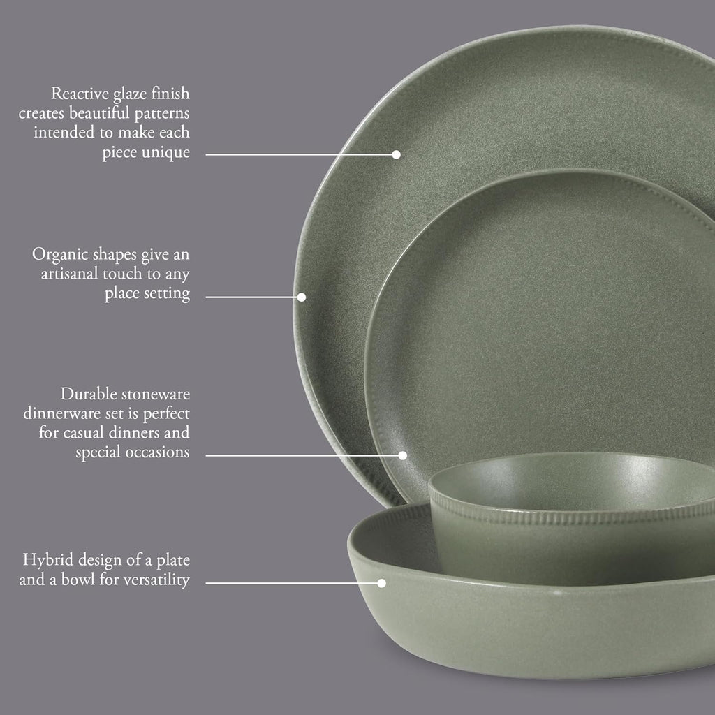 Gibson Elite Menlo Park 16-Piece Pottery Clay Stoneware Dinnerware Set – Green Reactive Glaze, Organic Shape Embossed Plates and Bowls W/Pasta Bowl, Service for 4 – Microwave & Dishwasher Safe