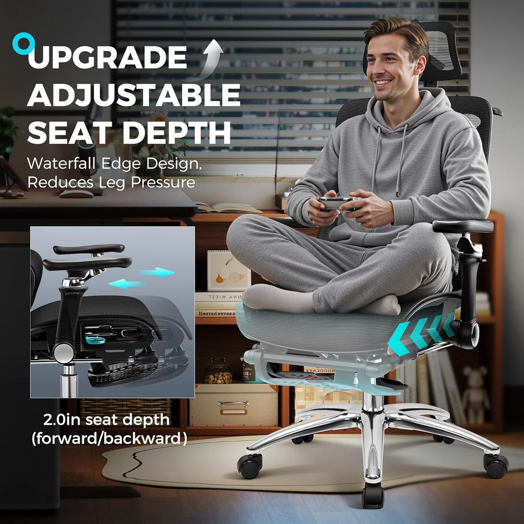 Ergonomic Office Chair with Footrest, Big and Tall Home Desk Chair, High Back Rolling Computer Chair with 5D Flip-Up Arms and Lumbar Support, Comfy Gaming Chair, Swivel Mesh Chairs, Black