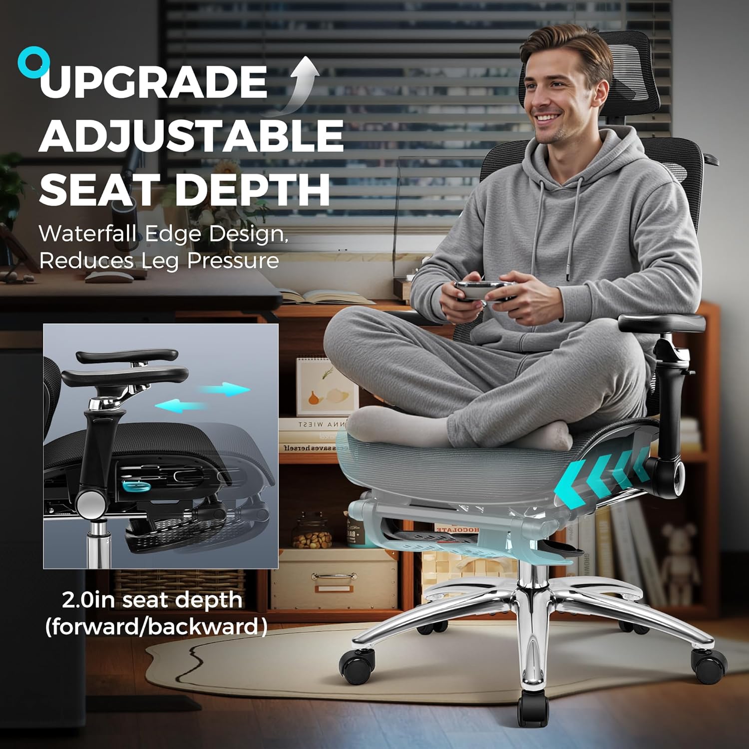 Ergonomic Office Chair with Footrest, Big and Tall Home Desk Chair, High Back Rolling Computer Chair with 5D Flip-Up Arms and Lumbar Support, Comfy Gaming Chair, Swivel Mesh Chairs, Black