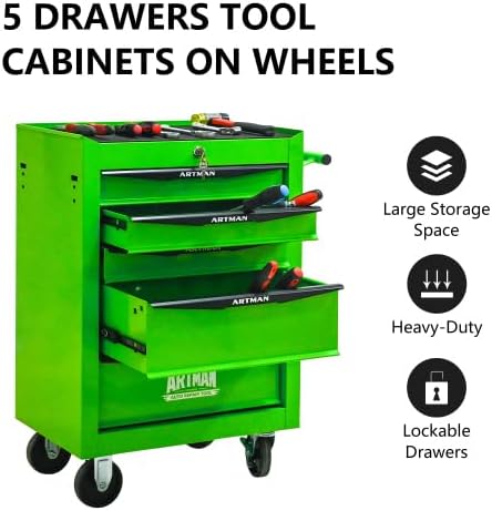 Iron-Top Rolling Tool Chest with Lockable Wheels and Side Handles, 7-Drawer Tool Storage Cabinet with Ball Bearing for Garage, Repair Shop, Required Assembly, Large Storage Capacity (Iron, 5-Green)