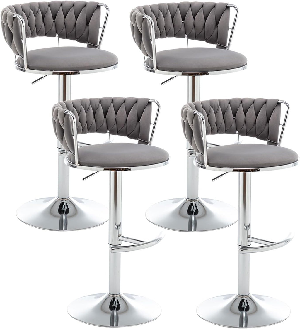 Velvet Bar Stools Set of 4, Counter Height Bar Stools with Low Back, Modern Adjustable Barstools, 360° Swivel Bar Chairs for Kitchen Island (Grey)