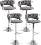 Velvet Bar Stools Set of 4, Counter Height Bar Stools with Low Back, Modern Adjustable Barstools, 360° Swivel Bar Chairs for Kitchen Island (Grey)
