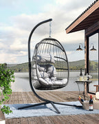 FREDEES Egg Swing Chair with Stand, Outdoor Hanging Egg Chair with Cushion for Patio/Porch/Balcony/Indoor (Light Gray)