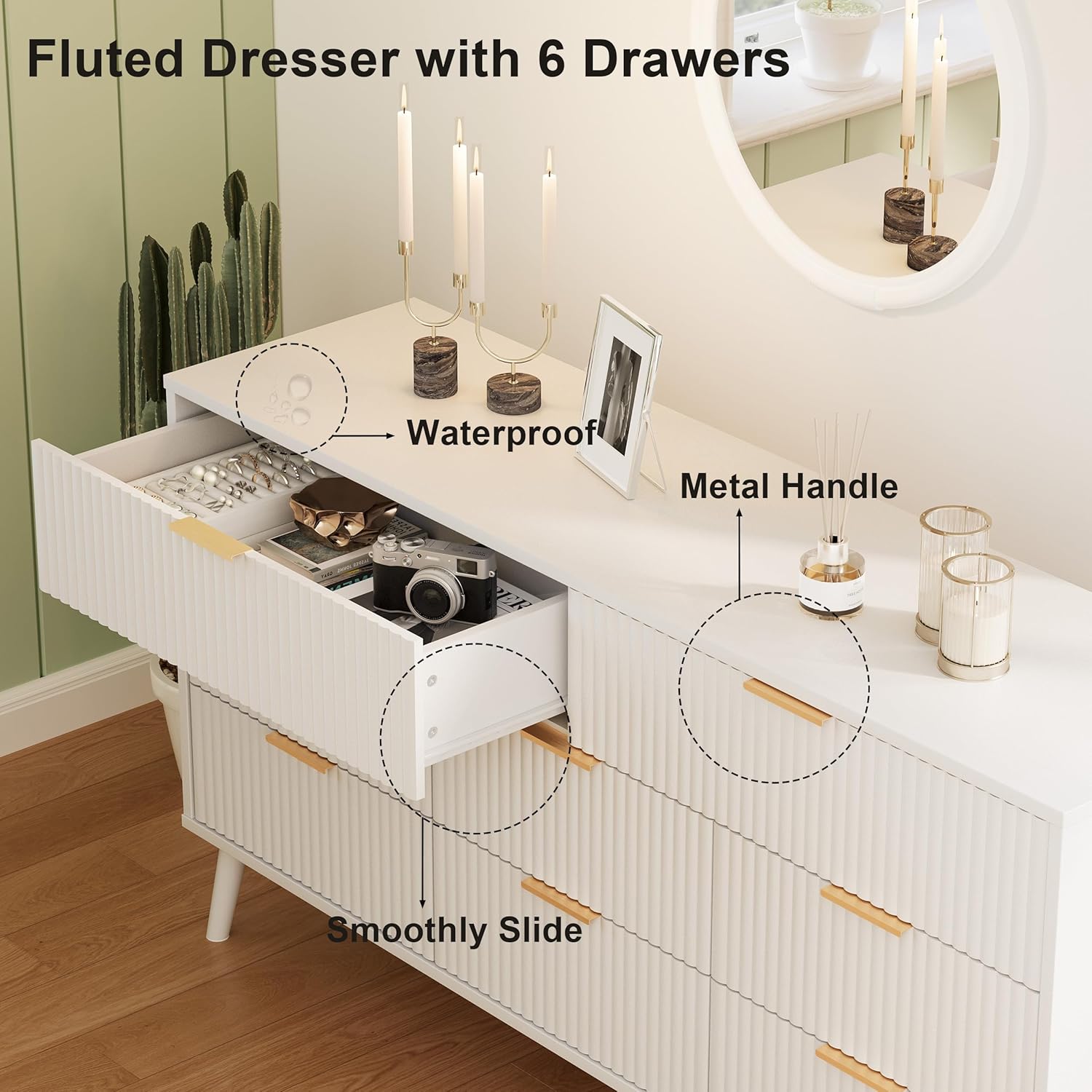 Fluted Dresser for Bedroom with 8 Drawers, Wooden Dresser with Metal Handle, Modern Storage Organizer for Bedroom, Wood Closet for Hallway, Living Room,White BDR104W