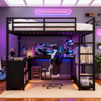Queen Loft Bed with L-shaped Desk and Wardrobe, Metal Loftbed with Storage Cubes and Shelves, Heavy-duty Loft Bed Frame for Kids, Teens, Adults, Noise-free and No Box Spring Needed Design, Black