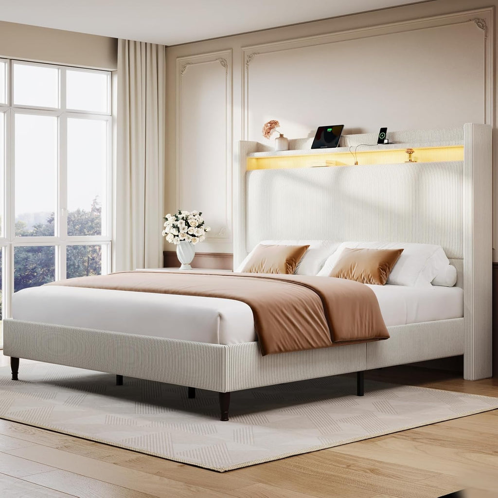 King Size Bed Frame with Tall Headboard, 55.3" Upholstered Platform King Bed Frame, Elegant Corduroy Wingback Bed with LED Lights & Charging Station, No Box Spring Needed, Solid Wood Slats, Cream