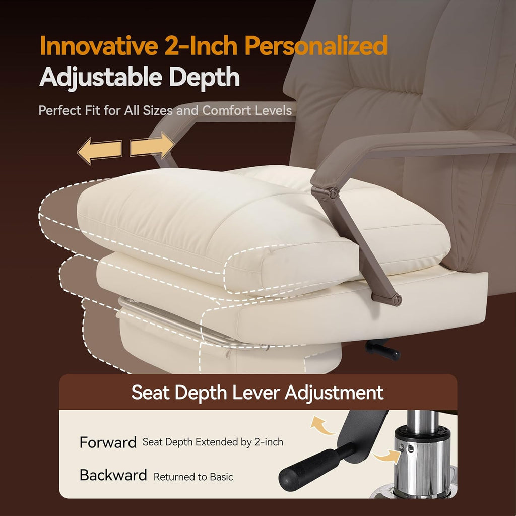 M76 160° Reclining Office Chair with Footrest, 10" Thick Cloud Cushion Executive Desk Chair, Extra Wide Cross-Legged Ergonomic Chair for Big and Tall, Adjustable Seat Depth, Easy Assembly, Cream