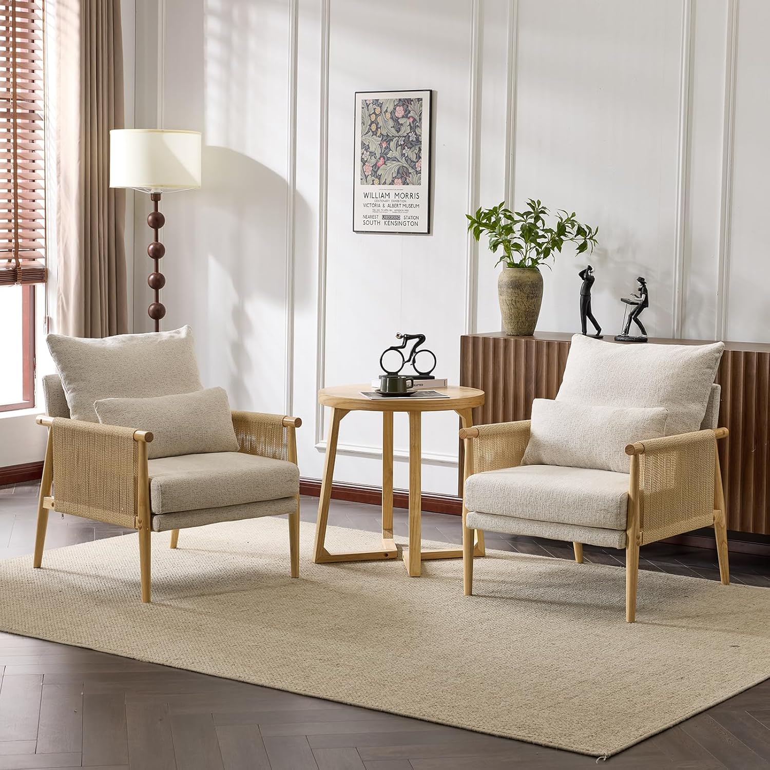 Karl home Cozy Chenille Accent Chair with Lumbar Pillow & Rattan Arms Modern Lounge Chair for Living Room, Bedroom, Reading Nook, Gray
