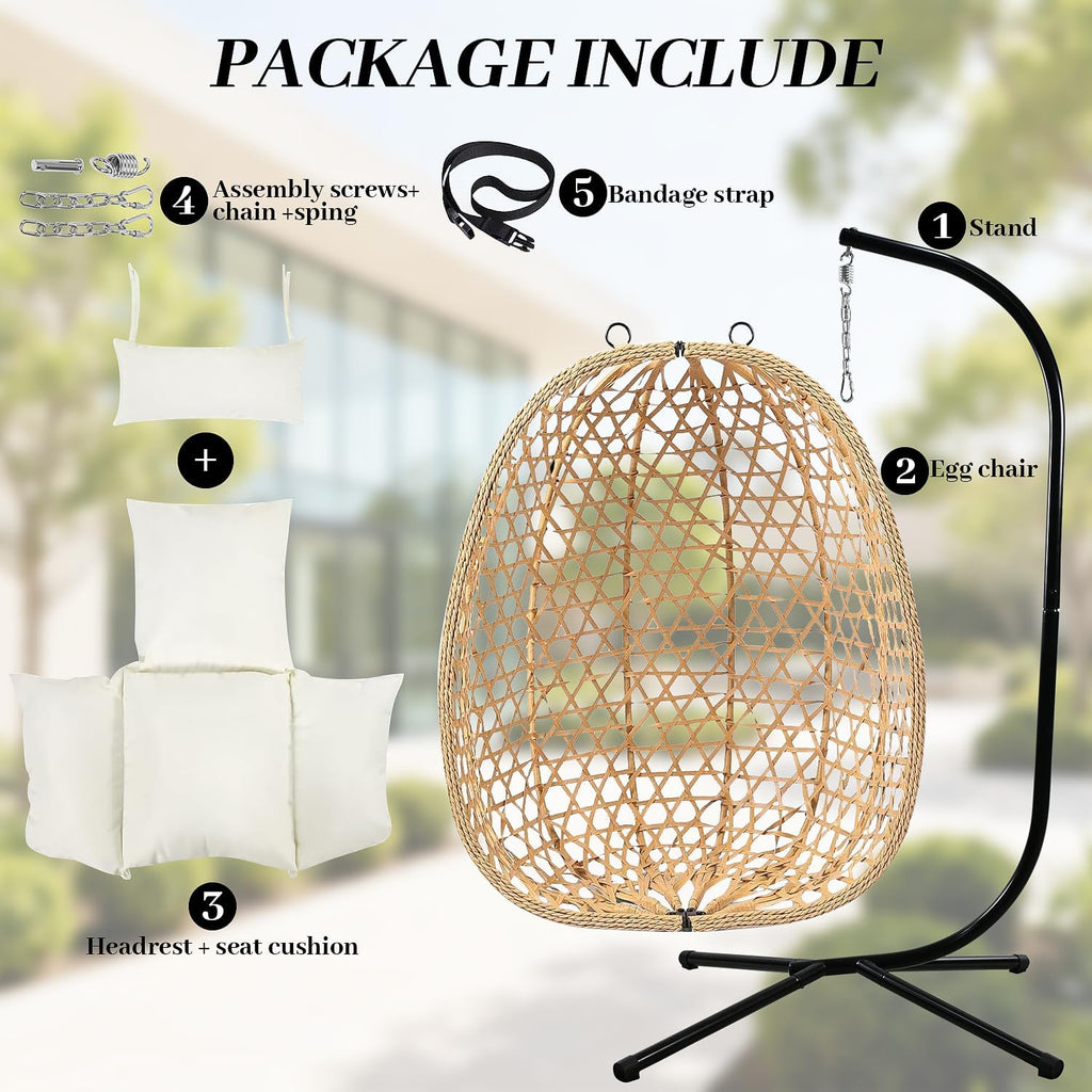 EortheX Hanging Egg Chair with Cushions – Comfortable Rattan Swing Chair with Stand for Patio, Garden, or Balcony – Stylish and Relaxing Outdoor Lounge Chair, 350LBS Capacity Indoor Outdoor (Beige)