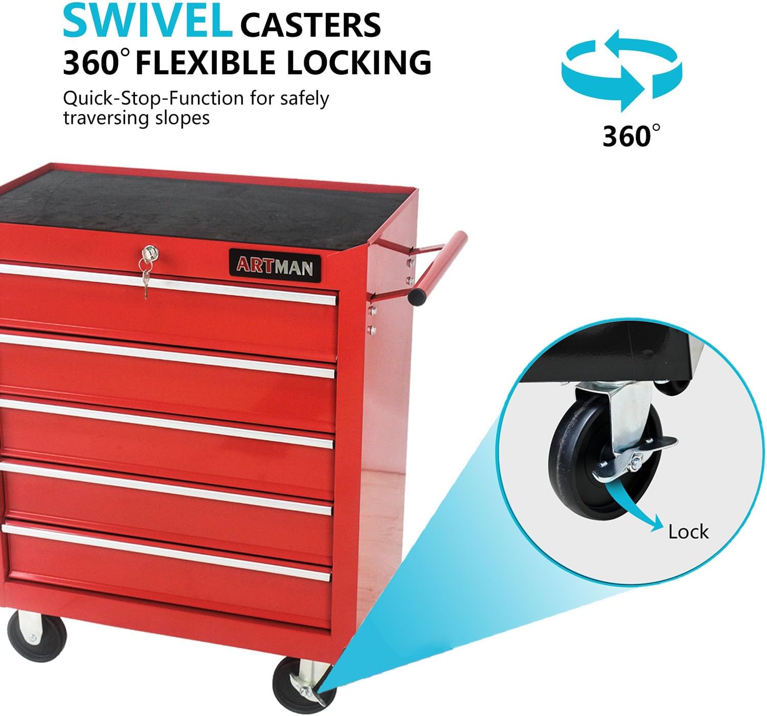 5-Drawer Tool Cart on Wheels, Drawers Rolling Tool Chest with Key Lock, Mobile Trolley Organizer Tools Box with Locking Wheels & Ball Bearing Drawers for Garage,Warehouse,Repair Shop (Red)