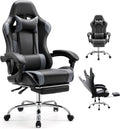 DUMOS Ergonomic Gaming Office Desk Chair with Footrest and Headrest for Adults, PU Leather Video Computer Chair with Linkage Armrests, Height Adjustable 360° Swivel Recling Chair, Black Grey