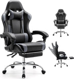 DUMOS Ergonomic Gaming Office Desk Chair with Footrest and Headrest for Adults, PU Leather Video Computer Chair with Linkage Armrests, Height Adjustable 360° Swivel Recling Chair, Black Grey
