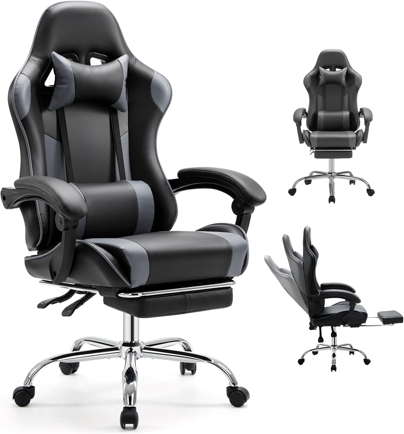 DUMOS Ergonomic Gaming Office Desk Chair with Footrest and Headrest for Adults, PU Leather Video Computer Chair with Linkage Armrests, Height Adjustable 360° Swivel Recling Chair, Black Grey