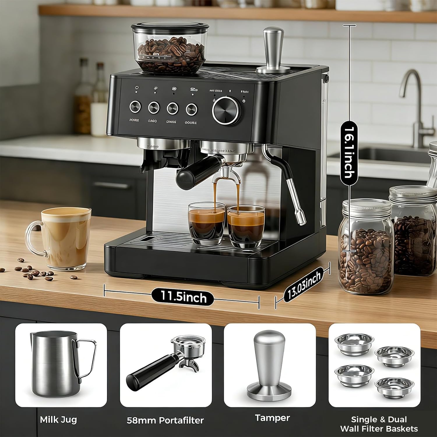 Kismile 20-Bar Espresso Coffee Machine with Built-in Grinder,Fast Heating System, Powerful Steam Wand for Silky Milk Foam, Large Removable Water Tank & Hot Water Function, Black