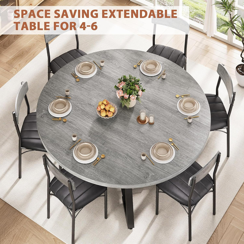 43‘’-57‘’ Extendable Round Dining Table for 4-6, Modern Industrial Kitchen Oval Dining Table with Removable Leaves, Space Saving Pedestal Base with Storage Shelf for Kitchen Living Room (Grey)