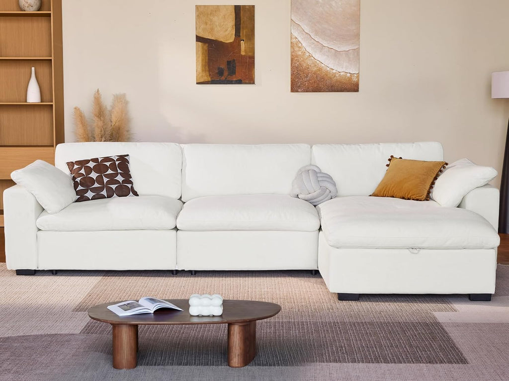 WEUP 120" Oversized Cloud Modular Sectional Sofa for Living Room, L Shaped Cloud Couch with Storage Ottoman, Down-Filled Wide Deep Seat, Solid Wood Frame, Tool Free Assembly, Beige