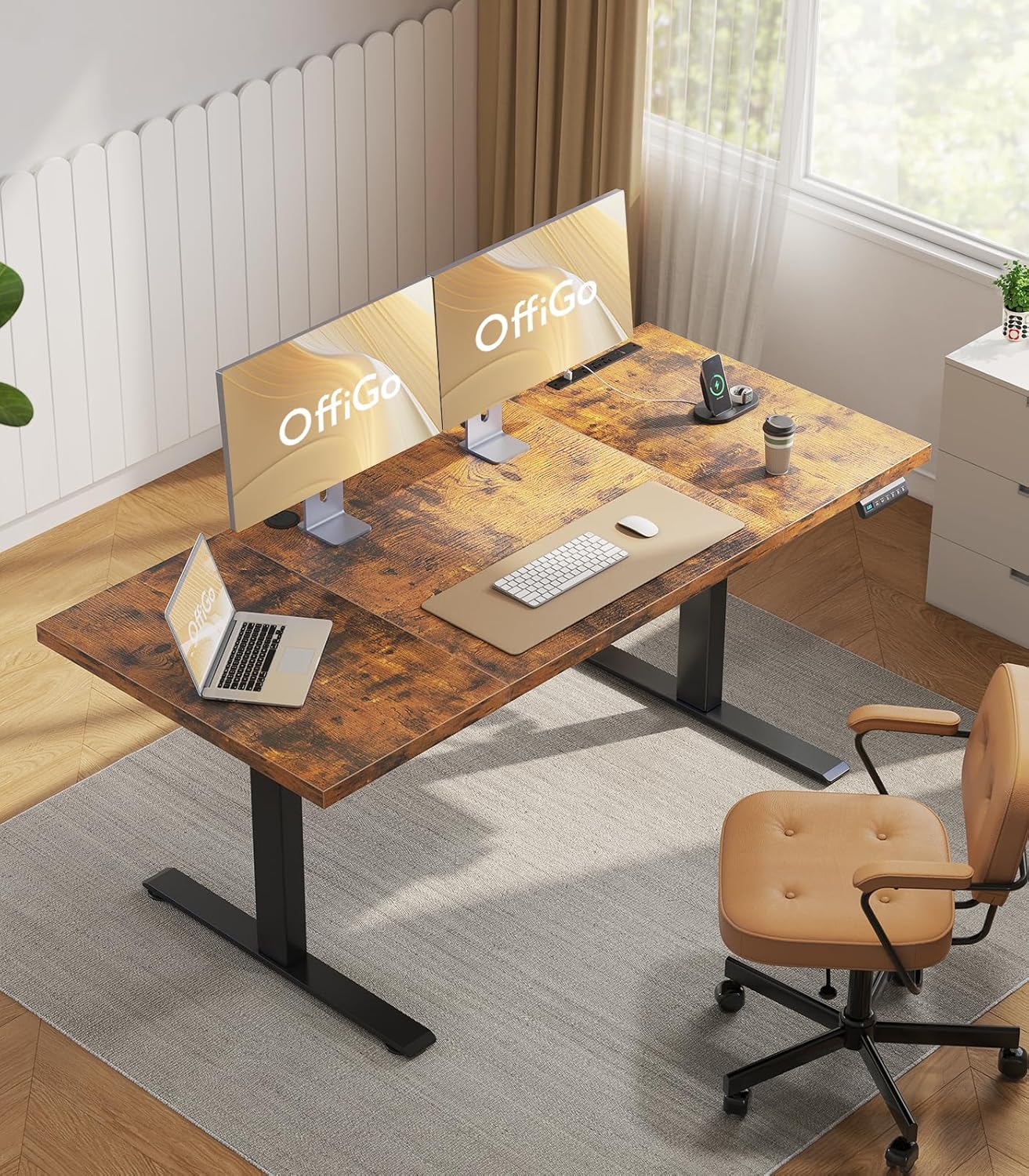 OffiGo 71 Inch Executive Electric Standing Desk, Height Adjustable Desk with Power Outlet & 1.38" Thick 3-Piece Desktop, Sit Stand Computer Desk for Home, Office, Conference Room, Rustic Brown