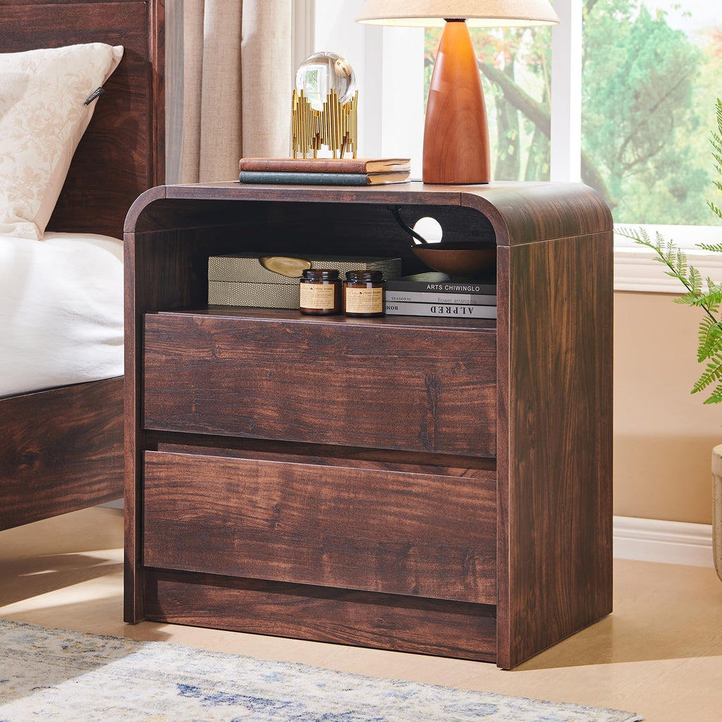 25" Tall Modern Nightstand Set of 2, 23.6'' Wide Wood Bedside Table w/2 Storage Drawers, Charging Station,Mid Century End Table for Bedroom, Living Room, Curved Profile Design, Brown