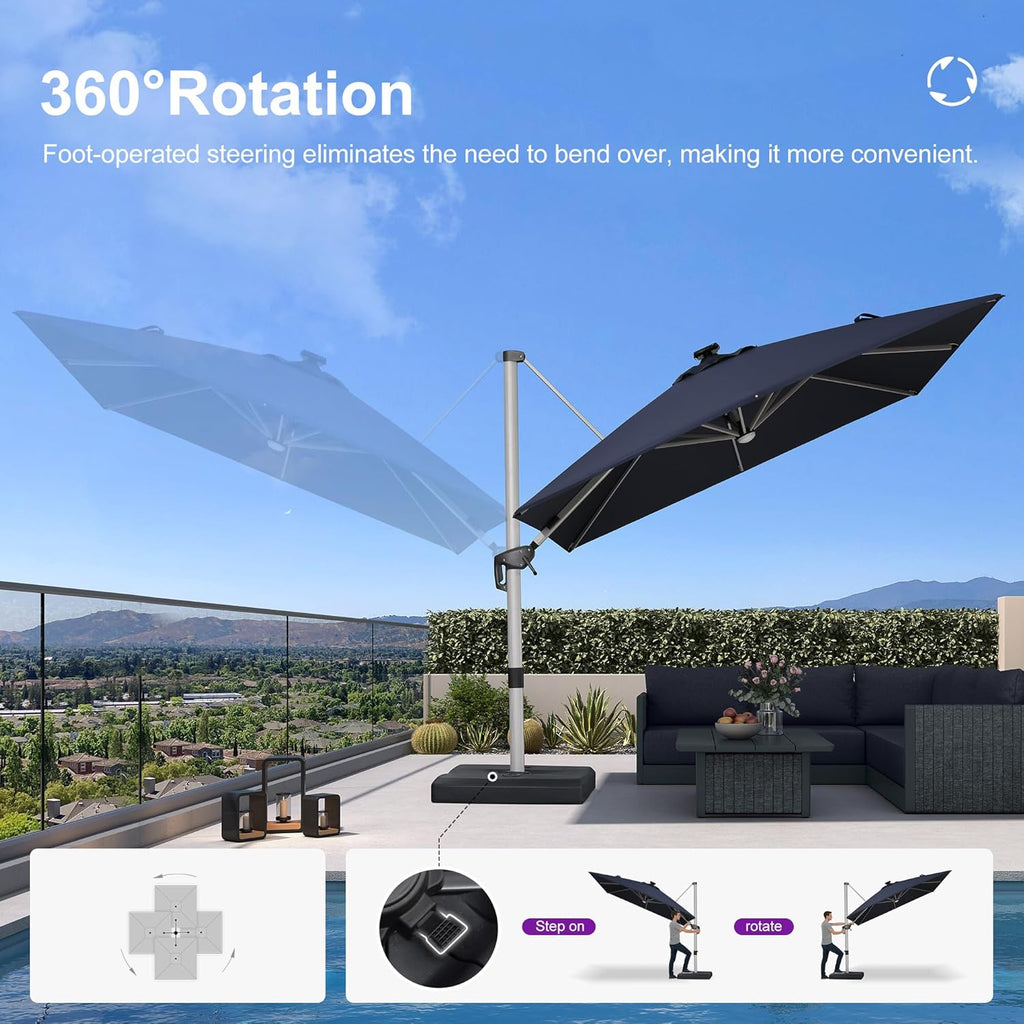 PURPLE LEAF 9' X 12' Patio Umbrella with Lights Outdoor Rectangle Cantilever Umbrella Solar Powered LED with 360-degree Rotation for Garden Deck Pool Patio, Navy Blue