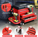 DNA Motoring TOOLS-00261 3-Drawer Tool Chest Rolling Mechanic Seat with Tool Trays,350lbs Max Weight Capacity,Red