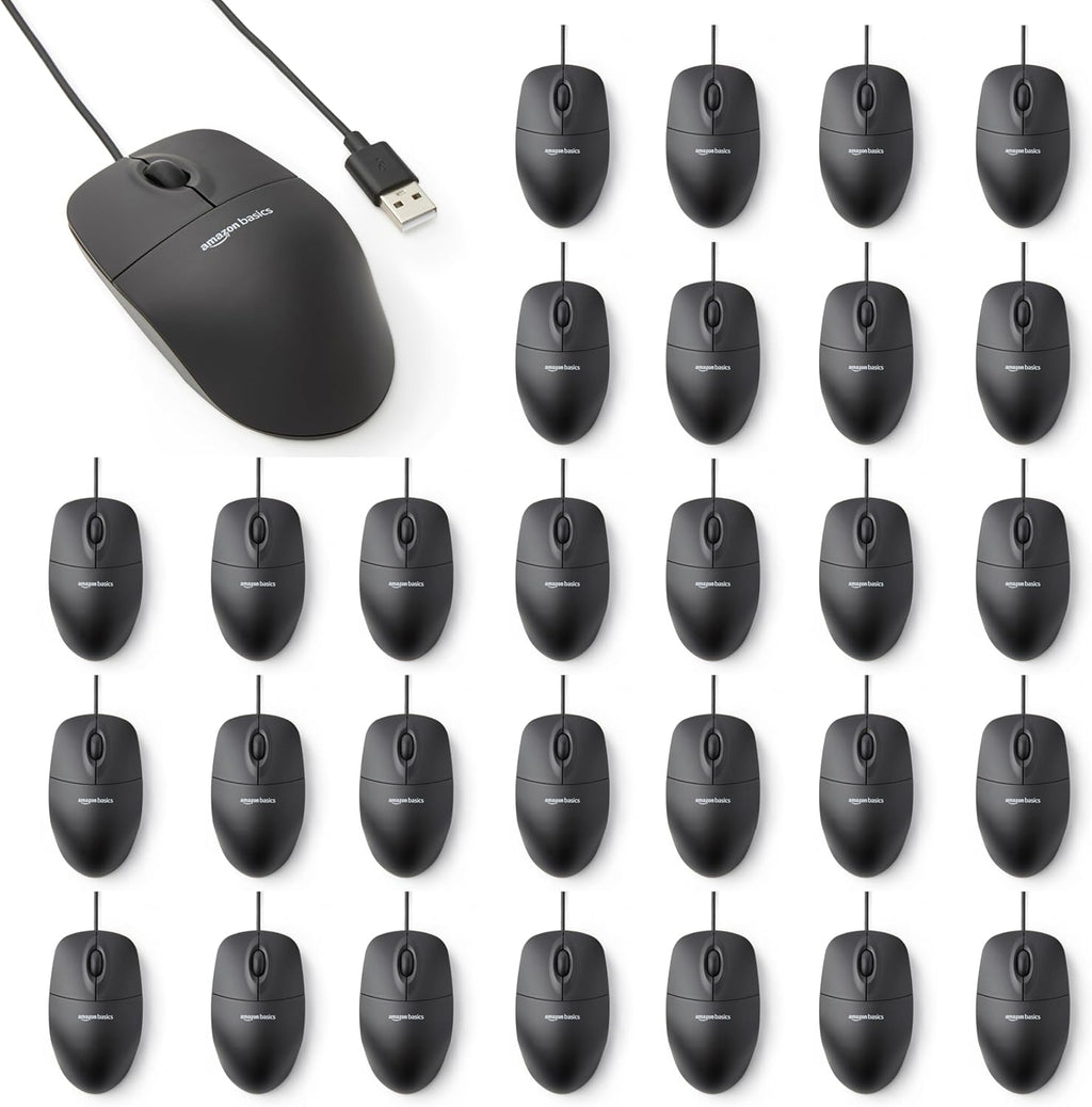 Amazon Basics 3-Button USB Wired Computer Mouse, Black, 30-Pack
