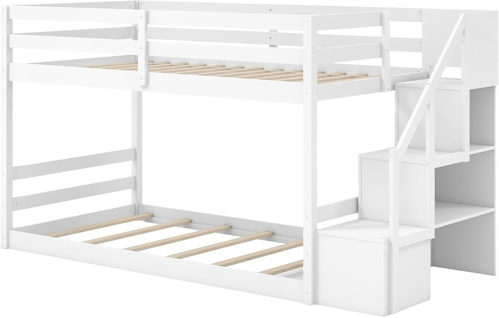 Giantex Twin Over Twin Bunk Bed with Stairs, Solid Wood Floor Bunk Bed with Storage Staircase & Full-Length Guardrails, Low Bunk Bed with for Kids, Teens, Adults, Dorm, Small Space, White