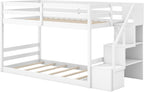 Giantex Twin Over Twin Bunk Bed with Stairs, Solid Wood Floor Bunk Bed with Storage Staircase & Full-Length Guardrails, Low Bunk Bed with for Kids, Teens, Adults, Dorm, Small Space, White