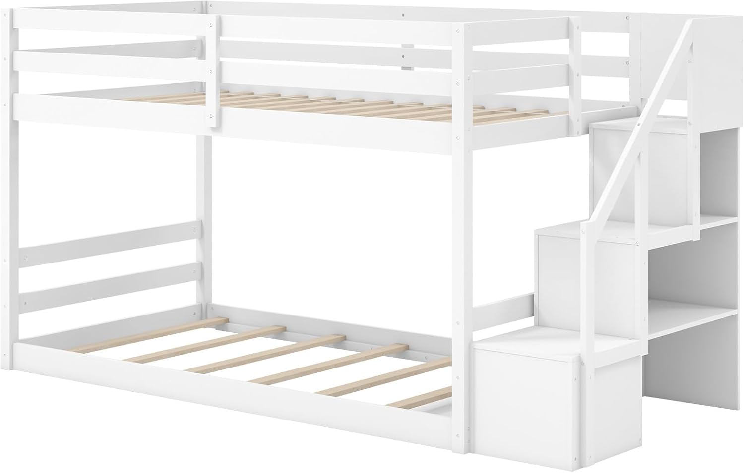 Giantex Twin Over Twin Bunk Bed with Stairs, Solid Wood Floor Bunk Bed with Storage Staircase & Full-Length Guardrails, Low Bunk Bed with for Kids, Teens, Adults, Dorm, Small Space, White